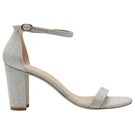 Stuart Weitzman-Stuart Weitzman Nearly Nude Glitter Open-toe Sandals in Silver Polyester-Silvery,Metallic