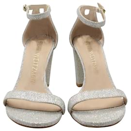 Stuart Weitzman-Stuart Weitzman Nearly Nude Glitter Open-toe Sandals in Silver Polyester-Silvery,Metallic