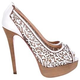 Christian Louboutin-Christian Louboutin Pampas 150 Floral Cut-out Peep-toe Platform Pumps in White Leather-White