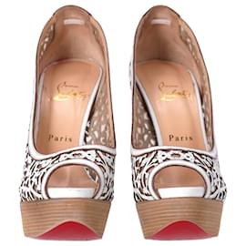 Christian Louboutin-Christian Louboutin Pampas 150 Floral Cut-out Peep-toe Platform Pumps in White Leather-White