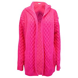 Saint Laurent-Hedi Slimane x Saint Laurent Cable-Knit Hooded Cardigan in Pink Mohair-Pink
