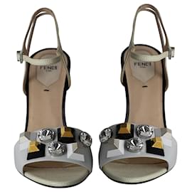 Fendi-Fendi Crystal Embellished Open Toe Sandals in White Leather-White