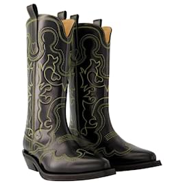 Ganni-Mid Shaft Western Boots - Ganni - Leather - Black-Black