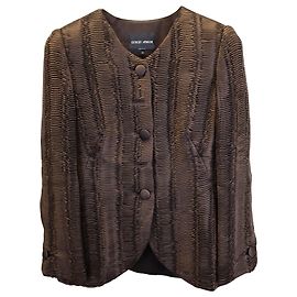 Giorgio Armani plissierter strukturierter Blazer mit V-Ausschnitt aus brauner Wolle und Seide Braun