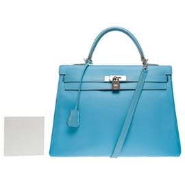 Hermès-Hermes Kelly bag 35 in Blue Leather - 101266-Blue