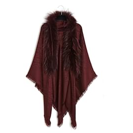 Fendi-Crimson Silk Wool fur shawl scarf-Dark red