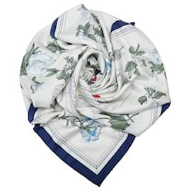 Hermès-Hermes White Aux Fleurs Silk Scarf-White