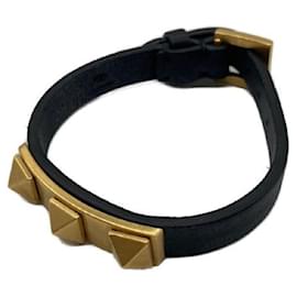 Valentino Garavani-****VALENTINO GARAVANI Black X Gold Rockstud Leather Bracelet-Black,Gold hardware