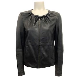 Autre Marque Ecru Black Leather Jacket with Ruched Neck with Tie Black