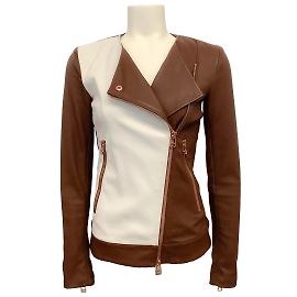 Thomas Wylde Brown / Ivory Stretch Leather Moto Jacket Brown