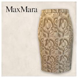 Max Mara-Max Mara Womens Ecru Rose Gold Jacquard Geometric Pencil Skirt UK 8 US 4 EU 36-Golden,Cream,Light brown