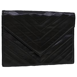 Saint Laurent-SAINT LAURENT V Stitch Clutch Bag Leather Black Auth bs6296-Black