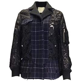 Sacai-Sacai Navy Blue / Black Lace and Plaid Jacket-Blue