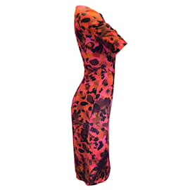 Erdem-Erdem Fucsia Rosa / Vestido de seda de manga corta con estampado multicolor naranja-Multicolor