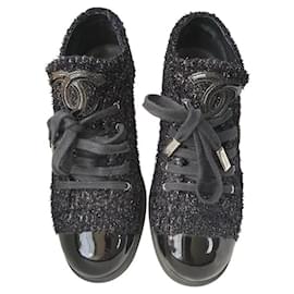 Chanel-Chanel Black Navy Blue Shimmery Tweed Patent Leather Cap Toe Sneakers-Black
