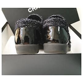 Chanel-Chanel Black Navy Blue Shimmery Tweed Patent Leather Cap Toe Sneakers-Black