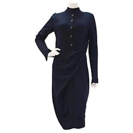 Chanel-Chanel 12A Navy Blue Wool Long Sleeve CC Logo Dress-Blue