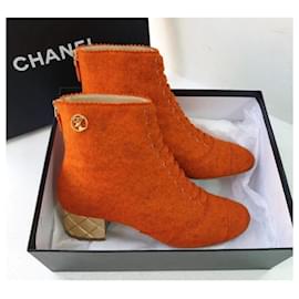 Chanel-Chanel Paris-Salzburg Têxtil LaranjaBotas acolchoadas com salto dourado-Laranja