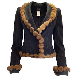 Edward Achour Paris Black / Tan Rabbit Fur Trimmed Pinstriped Wool and Angora Blazer Black