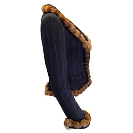Edward Achour-Edward Achour Paris Black / Tan Rabbit Fur Trimmed Pinstriped Wool and Angora Blazer-Black