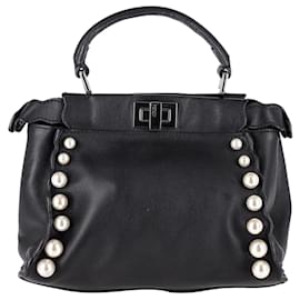 Fendi-Fendi Mini Peekaboo Pearl Tote Bag in Black Calfskin Leather-Black