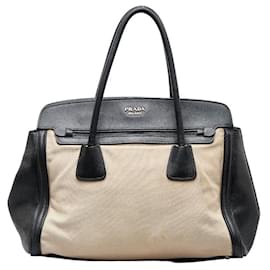 Prada-Prada Saffiano Trimmed Canapa Tote Bag Canvas Tote Bag BN2598 in Fair condition-Beige