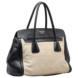 Prada-Prada Saffiano Trimmed Canapa Tote Bag Canvas Tote Bag BN2598 in gutem Zustand-Beige