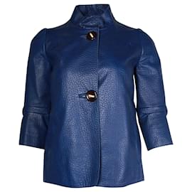 Marni-Marni Mock Neck Button Front Jacket in Blue Lambskin Leather-Blue