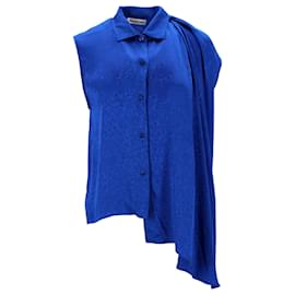 Balenciaga-Balenciaga Asymmetric Draped Floral-Jacquard Top In Blue Silk-Blue