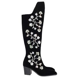Christian Louboutin Morgan Fleur Crystal Embellished Boots in Black Suede  Black