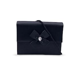 Yves Saint Laurent-Vintage Black Satin Clutch Bag Embellished Bow-Black