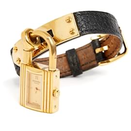 Hermès-Kelly Watch Golden Black leather-Golden