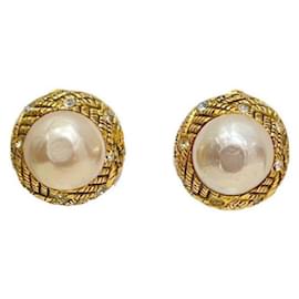 Chanel-***CHANEL  pearl rhinestone earrings-Golden