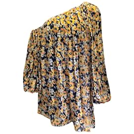 Saint Laurent-Jaune Saint Laurent / Robe noire en soie asymétrique à imprimé floral multicolore-Jaune