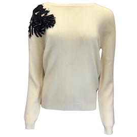 Prabal Gurung-Prabal Gurung Ivory / Black Sequin Embellished Long Sleeved Cashmere Knit Pullover Sweater-Cream