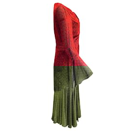 Prabal Gurung-Prabal Gurung Red / Black Velvet Burnout Long Sleeved Midi Dress-Red