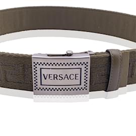 Versace-Green Canvas Greek Pattern Unisex Adjustable Belt Size 80/32-Green