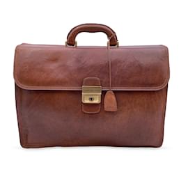 Autre Marque-Brown Leather Briefcase 3 Gussets Work Business Bag-Brown