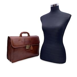Autre Marque-Brown Leather Briefcase 3 Gussets Work Business Bag-Brown
