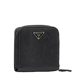 Prada-Saffiano Leather Zip Around Short Wallet M521x-Black