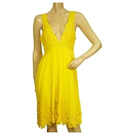 Catherine Malandrino-Catherine Malandrino Yellow 100% Silk Empire Waist Embroidery Knee Dress size 6-Yellow