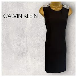Calvin Klein-Calvin Klein Robe moulante extensible sans manches noire et blanche UK 12 US 8 UE 40-Noir,Blanc