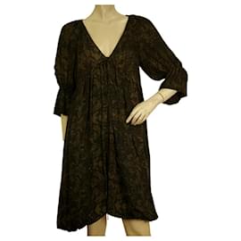 Stella Mc Cartney-Stella McCartney Robe tunique à ourlet bulle en soie florale noire et marron taille 42-Marron,Noir