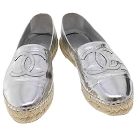 Chanel-CHANEL Espadrille Shoes Leather 37 Silver CC Auth yk7497-Silvery