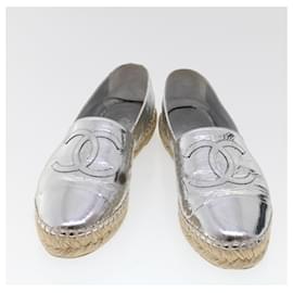 Chanel-CHANEL Espadrille Shoes Leather 37 Silver CC Auth yk7497-Silvery