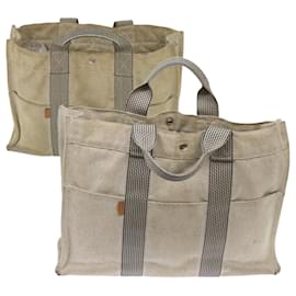 Hermès-HERMES Fourre Tout MM Hand Bag Canvas 2Set Gray Auth bs6362-Grey