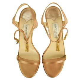 Jimmy Choo-Jimmy Choo Champagne Gold Satin Tie Ankle Tassel Sandals Slim Heel Shoes 39.5-Golden