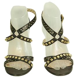 Jimmy Choo-Jimmy Choo Inga Black Leather Studs Grommets Strappy Sandals Heels shoes size 40-Black