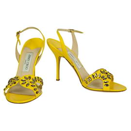 Jimmy Choo-Jimmy Choo Rumer Yellow Leather Beaded Slingback Sandals Strappy Heels Shoes 40-Yellow