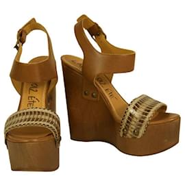 Lanvin-Lanvin Brown Leather High Wooden Heel Wedges Platform Sandals Shoes 40-Brown